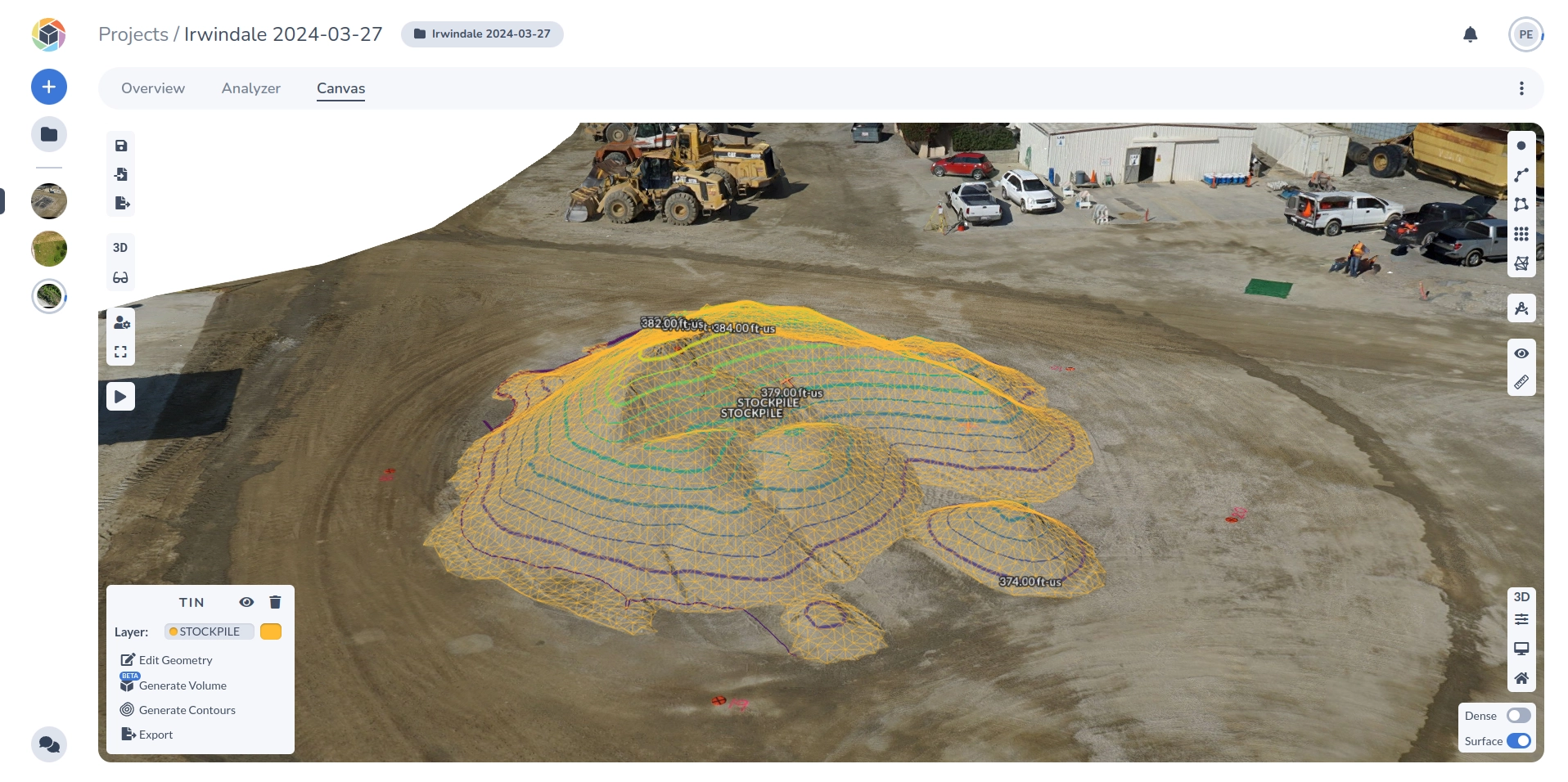 Contour and TIN of stockpile in PixElement